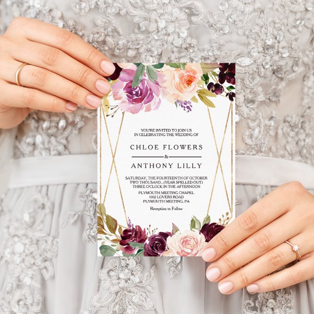 Guld Geometric Grönt  Burgundy Blommigt bröllop Inbjudningar (Skapare uppladdad)
