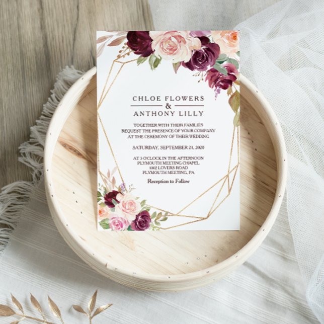 Guld Geometric Grönt  Burgundy Blommigt Bröllop Inbjudningar (Skapare uppladdad)