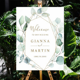 Guld Geometric Grönt Foliage Bröllop Välkomstskylt Poster