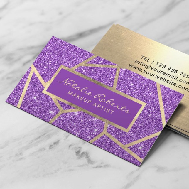 Guld Geometric Lila Glitter Beauty Salon Visitkort (Skapare uppladdad)