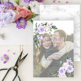 Guld Geometric Lilac Blommigt Vellum Overlay Photo Inbjudningar