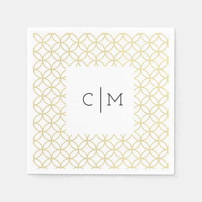 Guld Geometric Monogram Bröllop Cocktail Napkins Pappersservett (Framsidan)