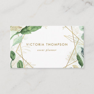 Guld Geometric Ramar med Watercolor Greenery Visitkort