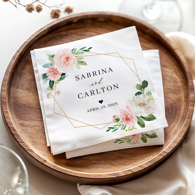 Guld Geometric  Rosa Blommigt Bröllop Pappersservett (Skapare uppladdad)
