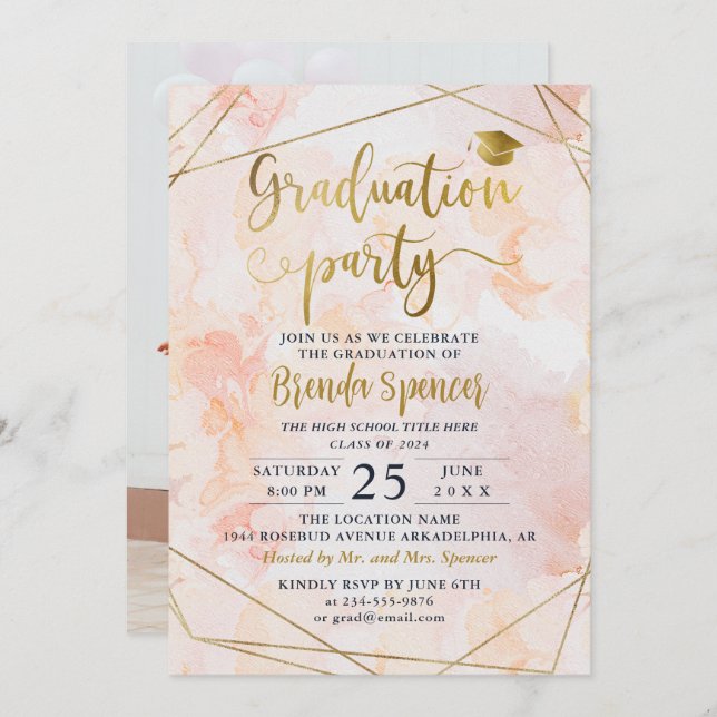 Guld Geometric Rosa Watercolor Photo Studenten Inbjudningar (Fram/baksida)