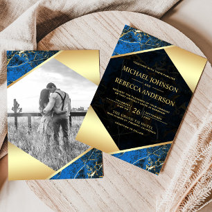 Guld Geometric Royal Blue Marble Photo Bröllop Inbjudningar