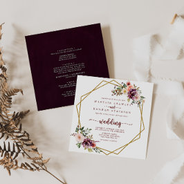 Guld Geometric Rustic Blommigt Front & Back Bröllo Inbjudningar