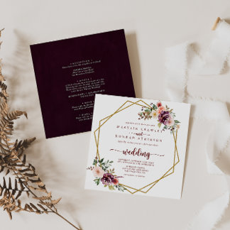 Guld Geometric Rustic Blommigt Front & Back Bröllo Inbjudningar
