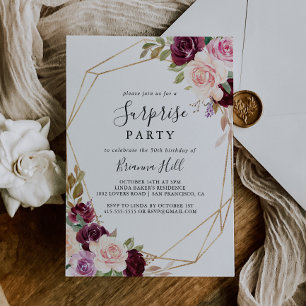 Guld Geometric Rustic Blommigt Surprise Party Inbjudningar