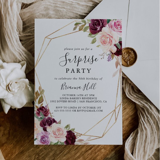 Guld Geometric Rustic Blommigt Surprise Party Inbjudningar (Skapare uppladdad)