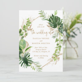 Guld Geometric Tropical Greenery Elegant bröllop Inbjudningar