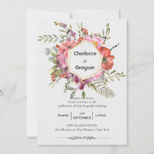 Guld Geometric Violet Blommigt Bouquet Bröllop Inbjudningar