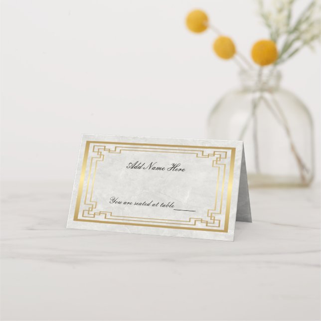 Guld Geometric White Marble Bröllop, Bord Placeringskort (Framsida)