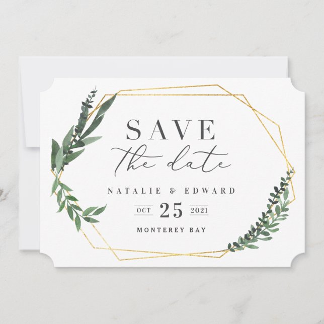 guld geometrisk akvarellbladverk spara datumet (Framsida)