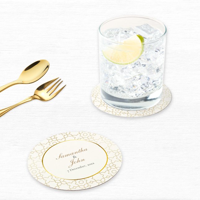 Guld Geometrisk Art Deco Mönster Bröllop Underlägg Papper Rund (Gold & Ivory Geometric Art Deco Wedding Paper Coasters)