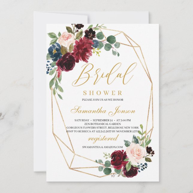 Guld geometrisk burgundi och blommigt för  rosa inbjudningar (Framsida)