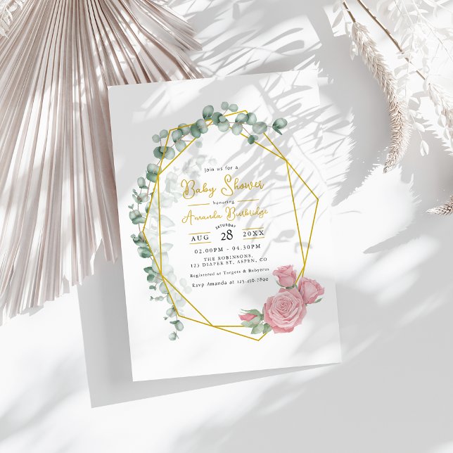 Guld Geometrisk Eukalyptus & Rosa Rosor Baby Showe Inbjudningar (Gold Geometric Eucalyptus & Pink Roses Baby Shower Invitation)