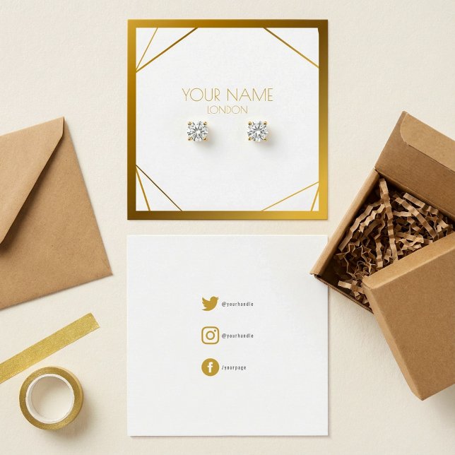 Guld geometrisk gräns-öronhållare, social-ikoner fyrkantigt visitkort (Gold geometric border earring holder, social icons.)