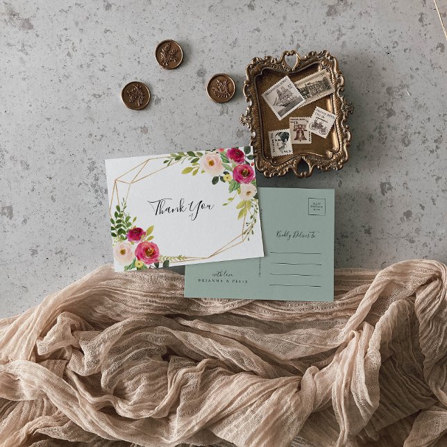 Guld Geometrisk Grönska Rosa Errödnande Tack Vykort (Skapare uppladdad)