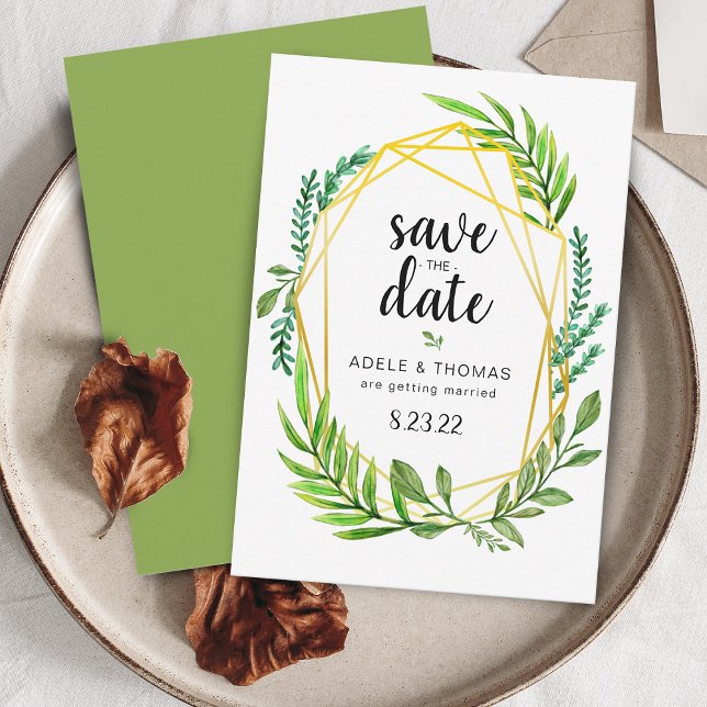 Guld Geometrisk Lövbröllop Korta Förhandsanmälan Spara Datumet (Gold Geometric Foliage Wedding Save the Date Card)