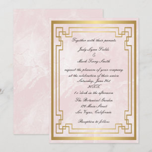 Guld Geometrisk Ram Pink Marmor Bröllop Inbjudningar