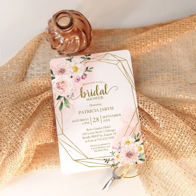 Guld Geometrisk Rosa Rodnad Blommig Bröllopsfest   Inbjudningar (Skapare uppladdad)