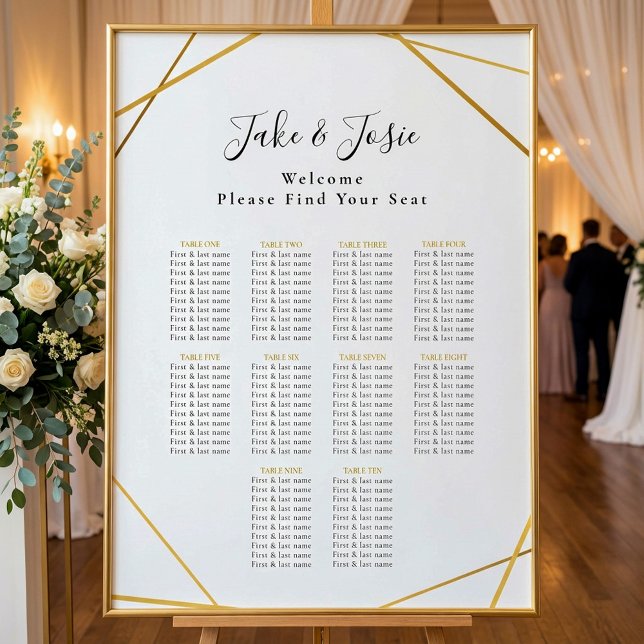 Guld geometrisk sittplatsplan för Elegant bröllop Poster (Gold geometric Elegant Wedding Seating Chart.)