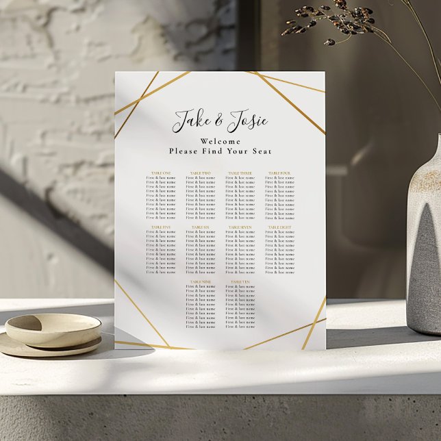 Guld geometrisk sittplatsplan för Elegant bröllop Poster (Gold geometric border around a wedding reception seating arrangement guide. Bride and groom names.)