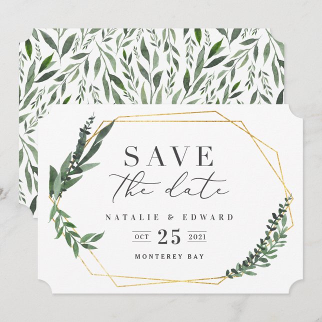 guld geometrisk vattenfärg grönska inbjudningar (Fram/baksida)