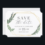 guld geometrisk vattenfärgsblad spara datumet<br><div class="desc">Modern utformning med ett guld-geometriskt ram med vackert vattenfärgat lövblad. Den här eleganten är ett underbart tillägg till ett fall eller vår bröllop och innehåller alla produkter som du behöver för din speciella dag - spara datumen,  inbjudningar,  bord-planerare med mera.</div>