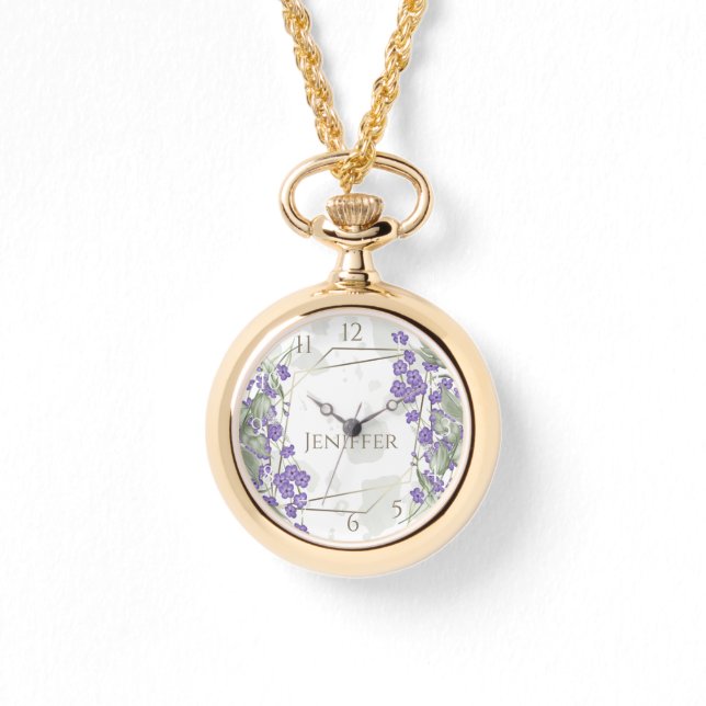 Guld, geometrisk vattenfärgsbladblomma ram armbandsur (Framsida)