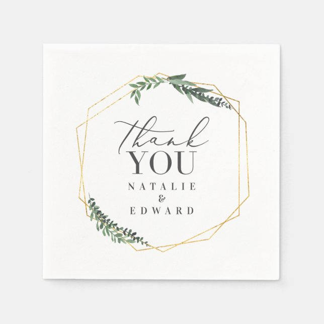 guld, geometrisk vattenfärgsgrön bröllop pappersservett (Framsidan)