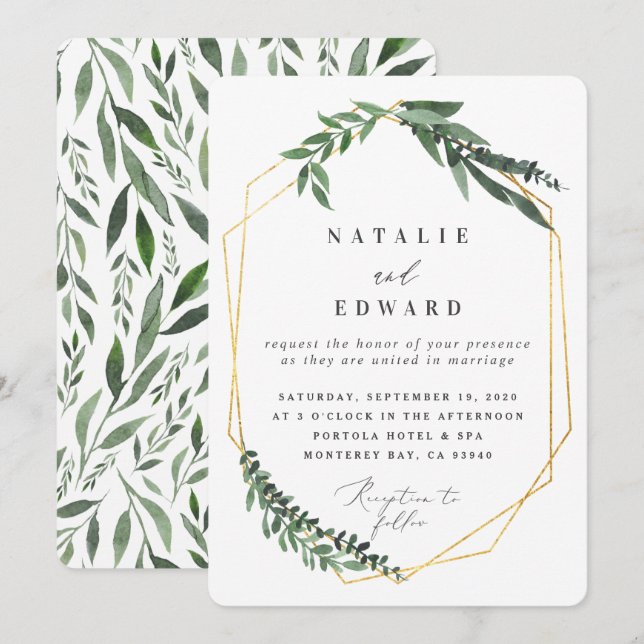 guld, geometrisk vattenfärgsgrön inbjudningar (Fram/baksida)