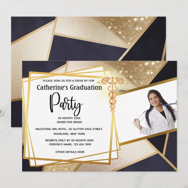 Guld geometriska flottan DIY fotocaduceus studente Inbjudningar (Fram/baksida)