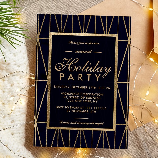 Guld geometriska marinblåvradsföretag helgdag inbjudningar (Gold geometric navy blue winter corporate holiday invitation)