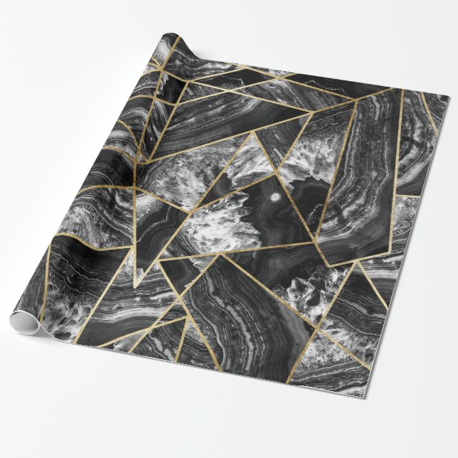 Guld- geometriska trianglar för svart presentpapper (Utrullad)