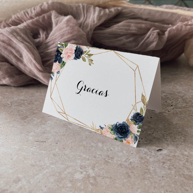 Guld Geometriskt Blommigt med Bröllop Gracias Card Tack Kort (Skapare uppladdad)