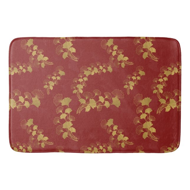 Guld Gingko Balboa Löv på Mörk Red Background Badrumsmatta (Framsidan)