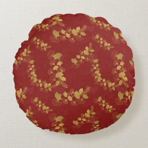 Guld Gingko Balboa Löv på Mörk Red Background Rund Kudde