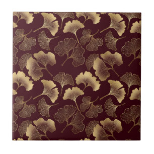 Guld Ginkgo blad på röd elegant botanisk Kakelplatta