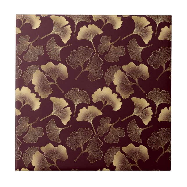 Guld Ginkgo blad på röd elegant botanisk Kakelplatta (Framsidan)