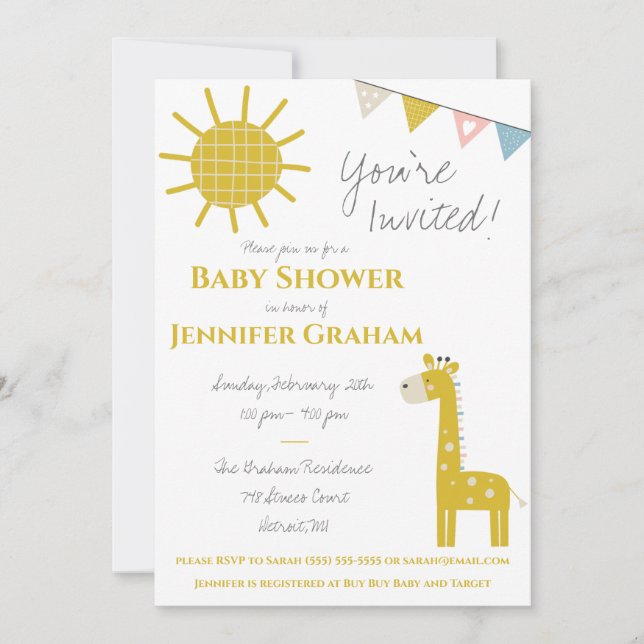 Guld Giraffe, gender Neutral, Baby Shower Inbjudningar (Framsida)