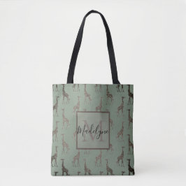 Guld Giraffe on Sage Grönt Monogram Tote Tygkasse