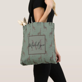 Guld Giraffe on Sage Grönt Monogram Tote Tygkasse