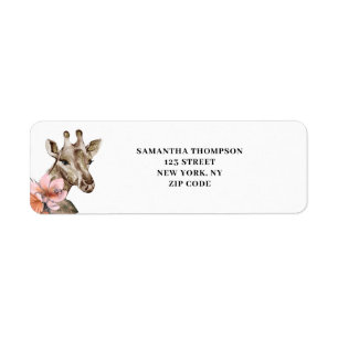 Guld Giraffe Rosa Blommigt Watercolor Label Returadress Etikett