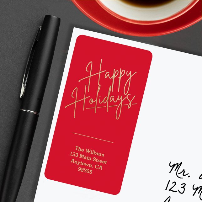 Guld Glad helg Red Returadress Adressetikett (Gold script Happy Holidays on red vertical return address labels)