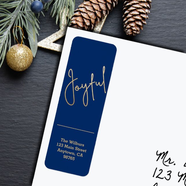 Guld GLAD på Blå Jul Returadress Etikett (Gold script JOYFUL on blue Christmas holiday vertical skinny return address labels
)