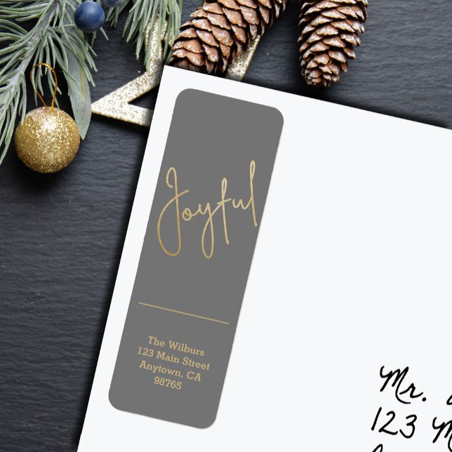 Guld GLAD på Grå Jul Returadress Etikett (Gold script JOYFUL on silver Christmas holiday vertical skinny return address labels
)