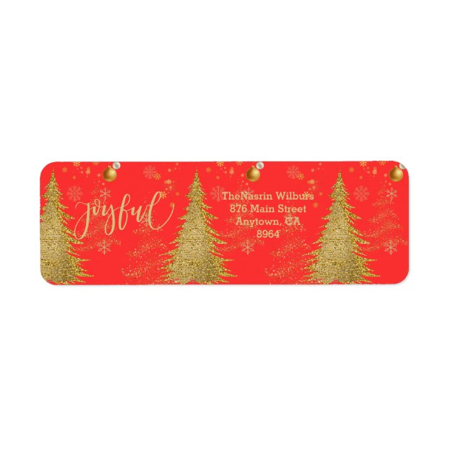 Guld GLAD på Röd Jul  Returadress Etikett (Framsidan)