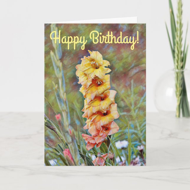 Guld Gladiolus Flower Art Garden Birthday Card Kort (Framsida)